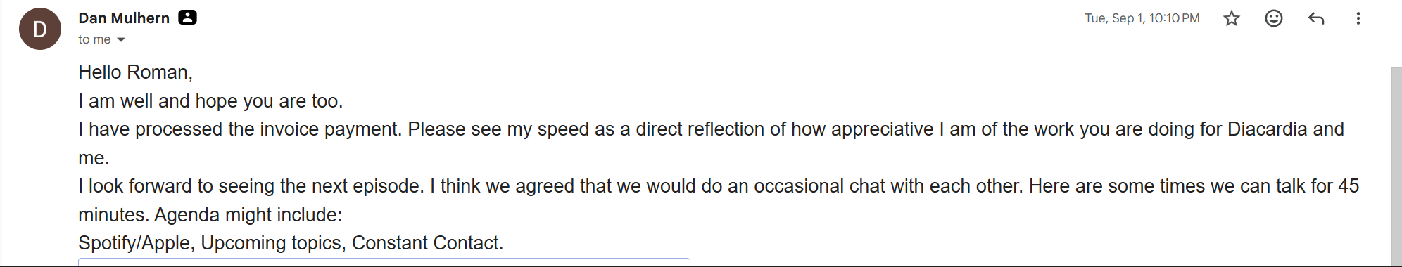 Original email from Dan Mulhern appreciating the work on Diacardia