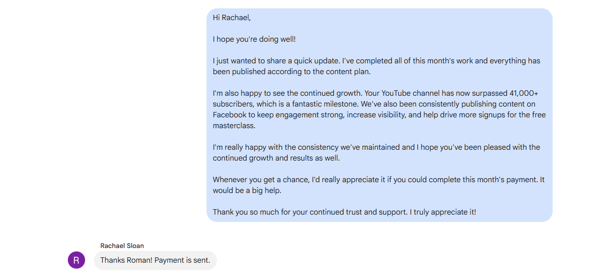 Original client email from Rachel Sloan about channel and masterclass growth