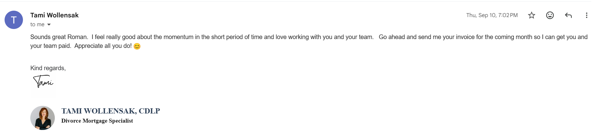 Original email from Tami Wollensak praising the momentum and partnership
